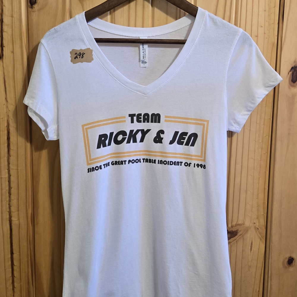 Bella Canvas Team Ricky & Jen Graphic V-Neck T-Shirt White Large Short Sleeve